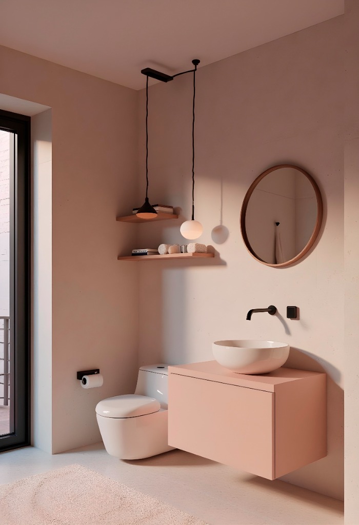 Reformar baño: diseño minimalista en tonos melocotón y blanco